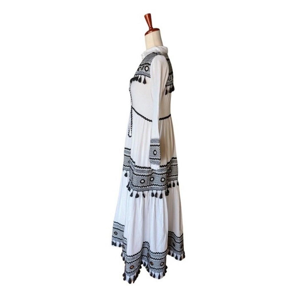 DODO Bar Or White Black Embroidered Tassel Mirror Maxi Dress Womens S Cotton - Picture 4 of 9
